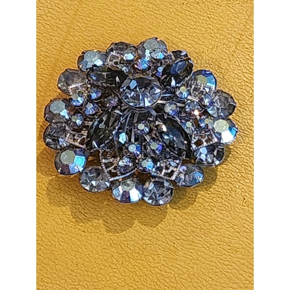 Blue Domed Rhinestone Brooch Navettes AB Chatons Vintage